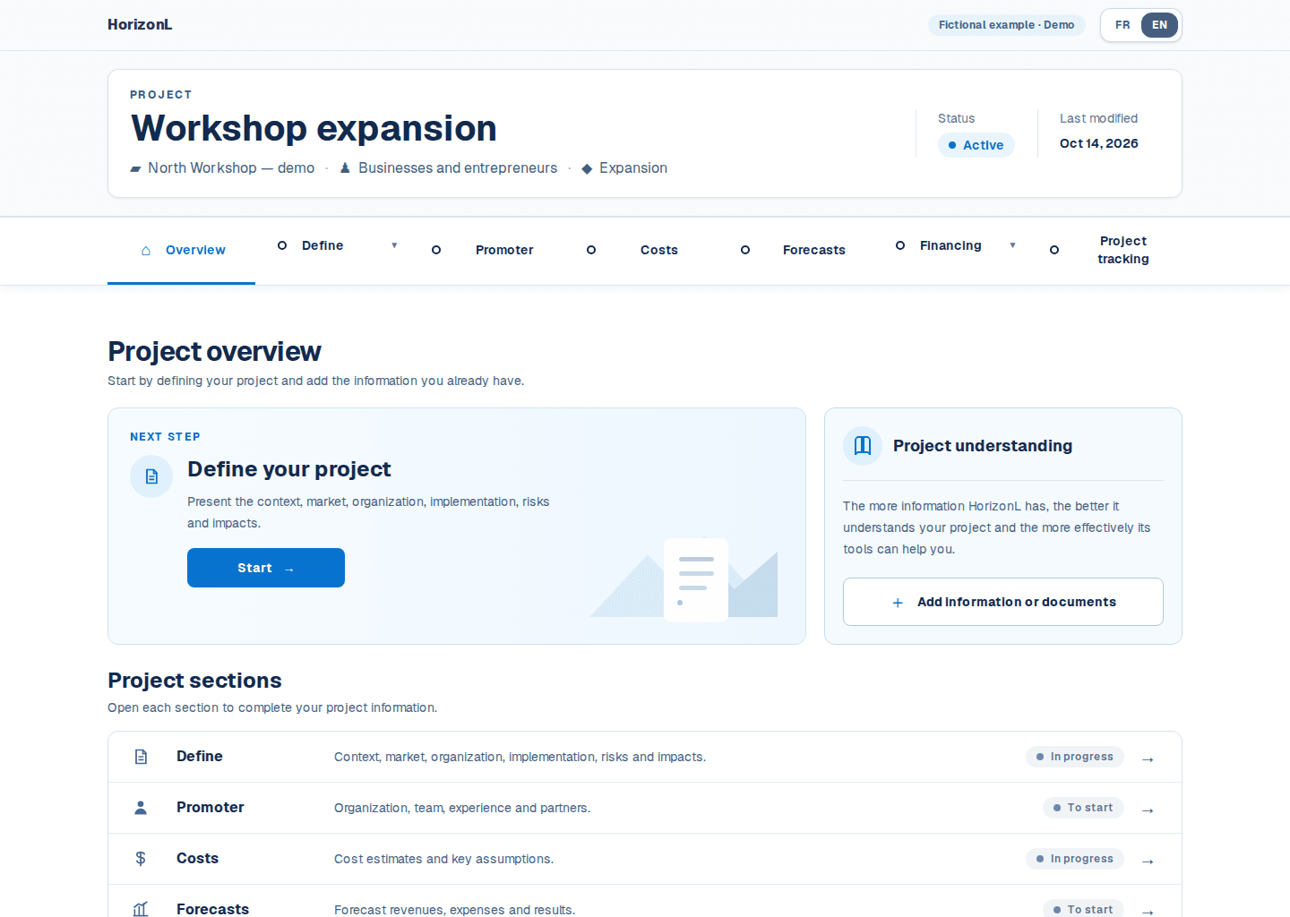 Actual HorizonL interface screenshot: overview of the fictional Workshop expansion project, its sections and next step.