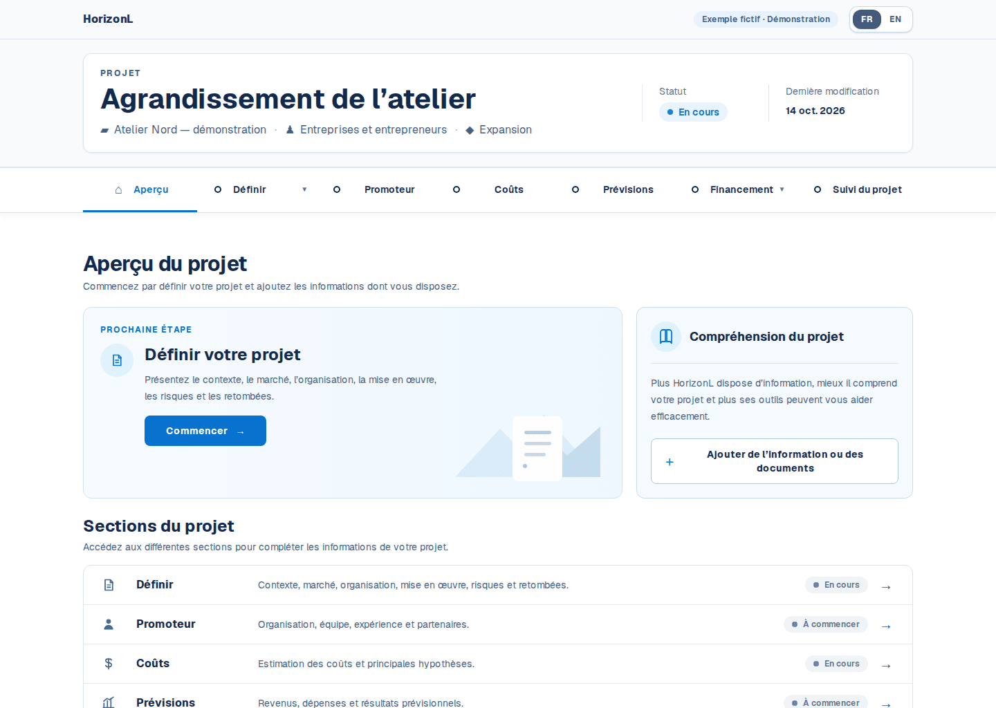 Capture réelle de l'interface HorizonL : aperçu du projet fictif Agrandissement de l'atelier avec les sections du projet et la prochaine étape.